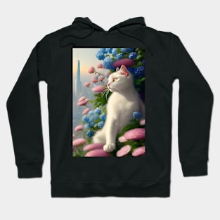 Anime White Cat Surrounded by Pink and Blue Flowers. Tokyo Background. Hoodie